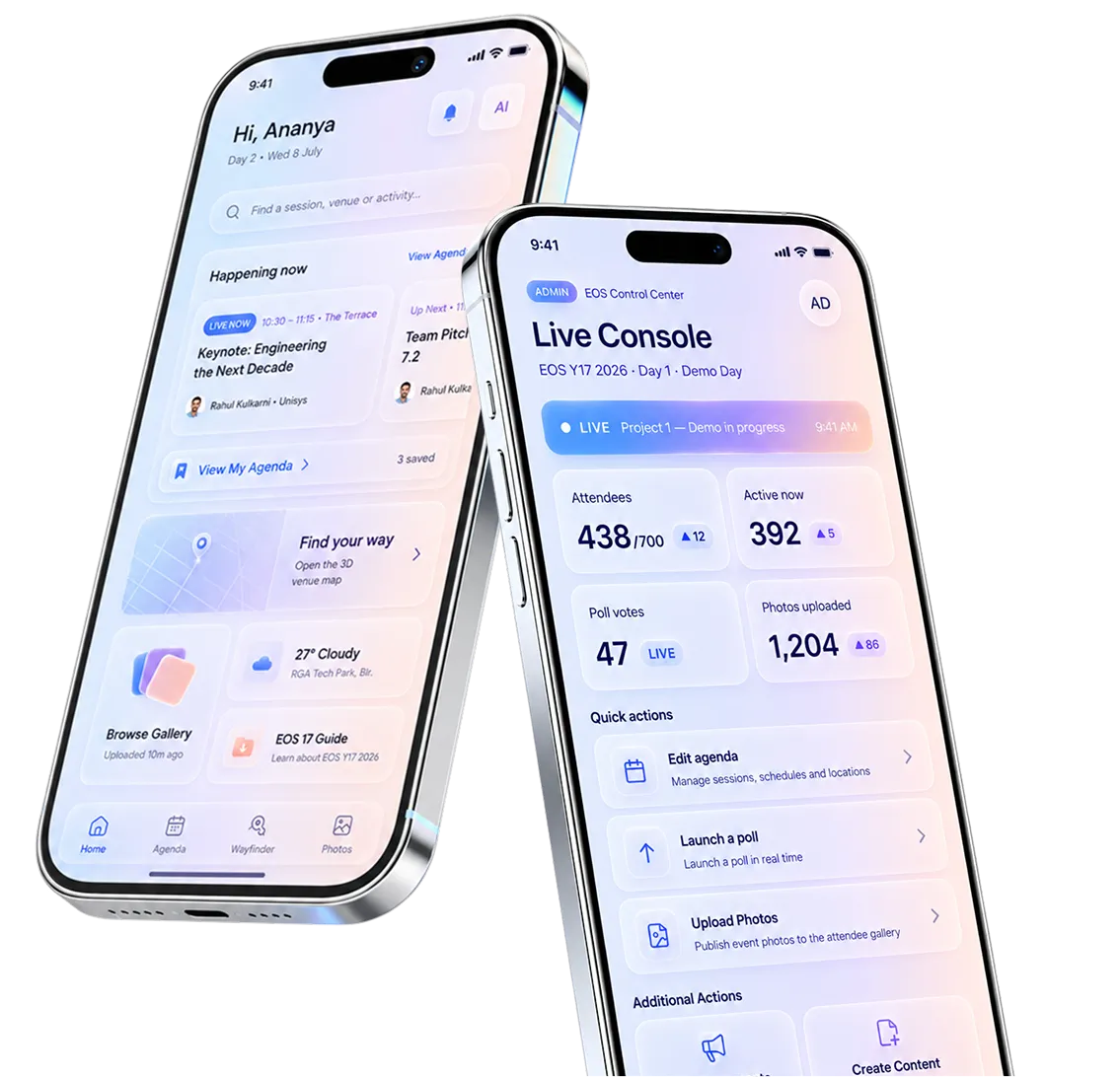 IQvent AI event app on two phones: the attendee home screen and the organiser's live console