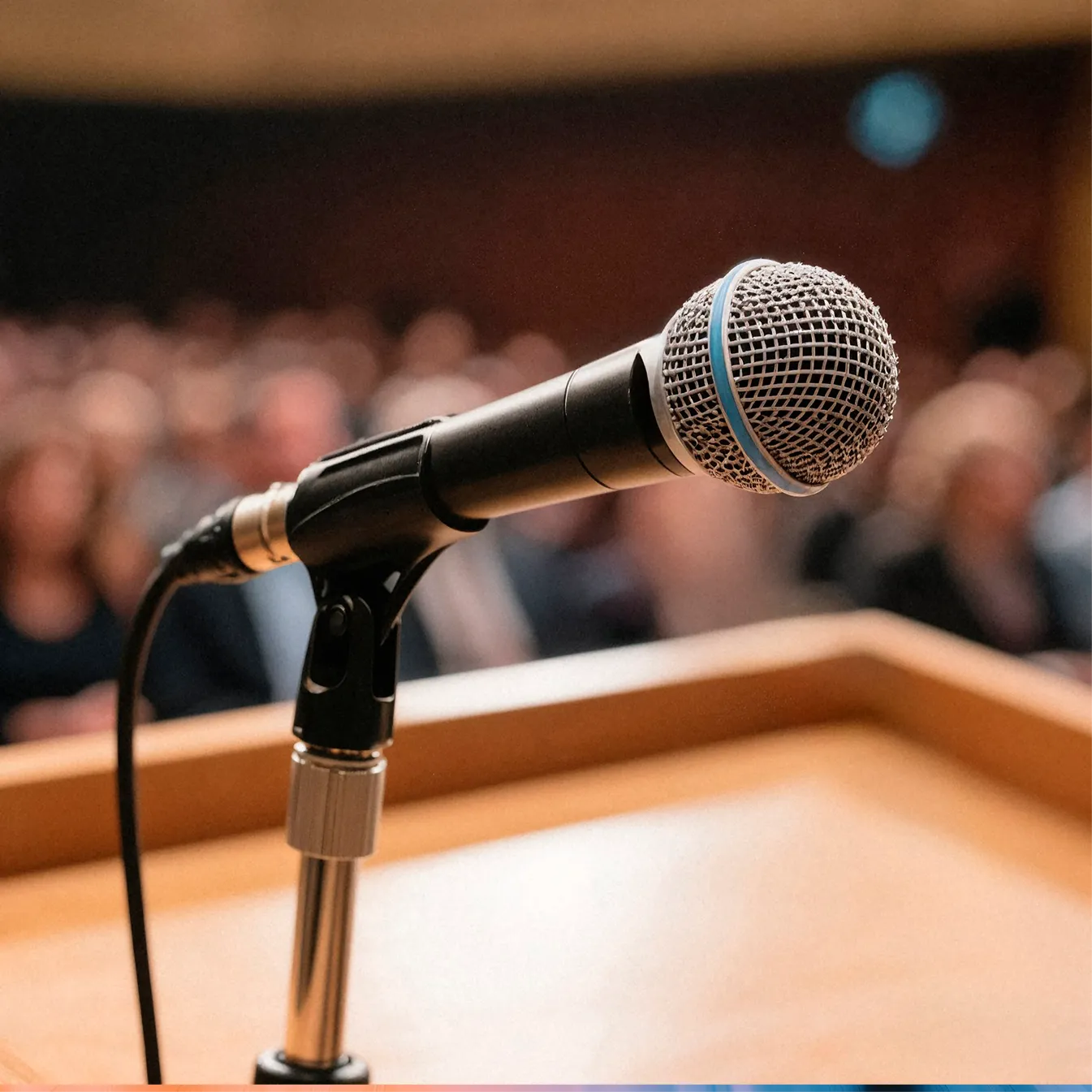 Microphone on a stage with a seated audience